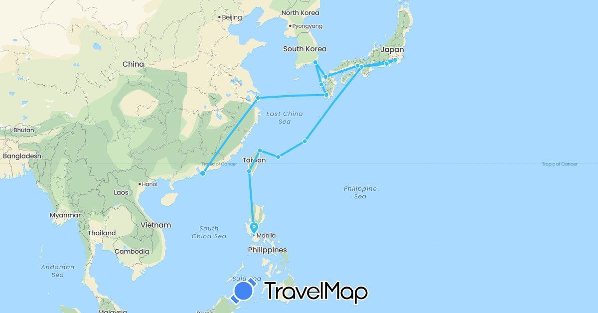 TravelMap itinerary: driving, boat in China, Japan, South Korea, Philippines, Taiwan (Asia)
