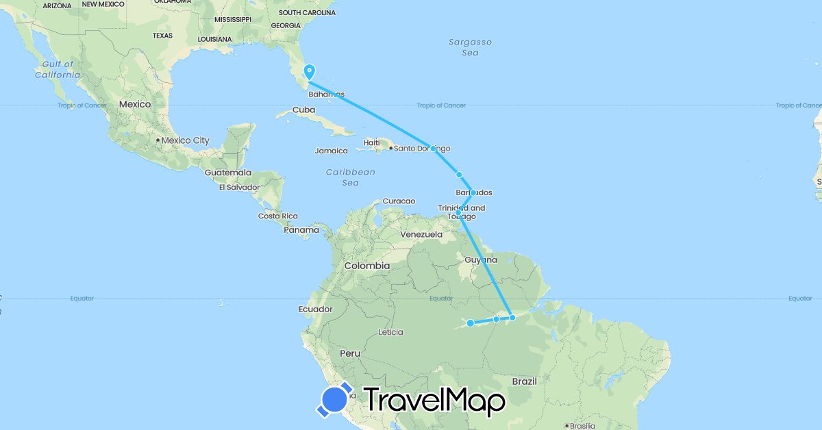 TravelMap itinerary: driving, boat in Barbados, Brazil, Dominica, Trinidad and Tobago, United States, British Virgin Islands (North America, South America)