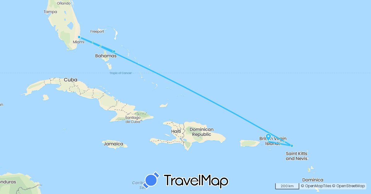 TravelMap itinerary: driving, boat in Bahamas, Netherlands, United States (Europe, North America)